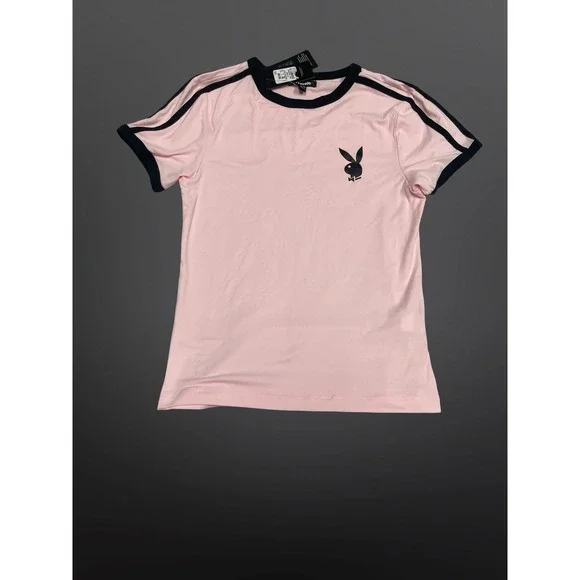 Playboy Womens Pink Ringer T-Shirt Bunny Logo Athletic Stripe Short Sleeve M NEW - Picture 3 of 5